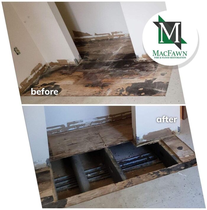 Before and after of a trauma clean up of an unattended death in an apartment unit